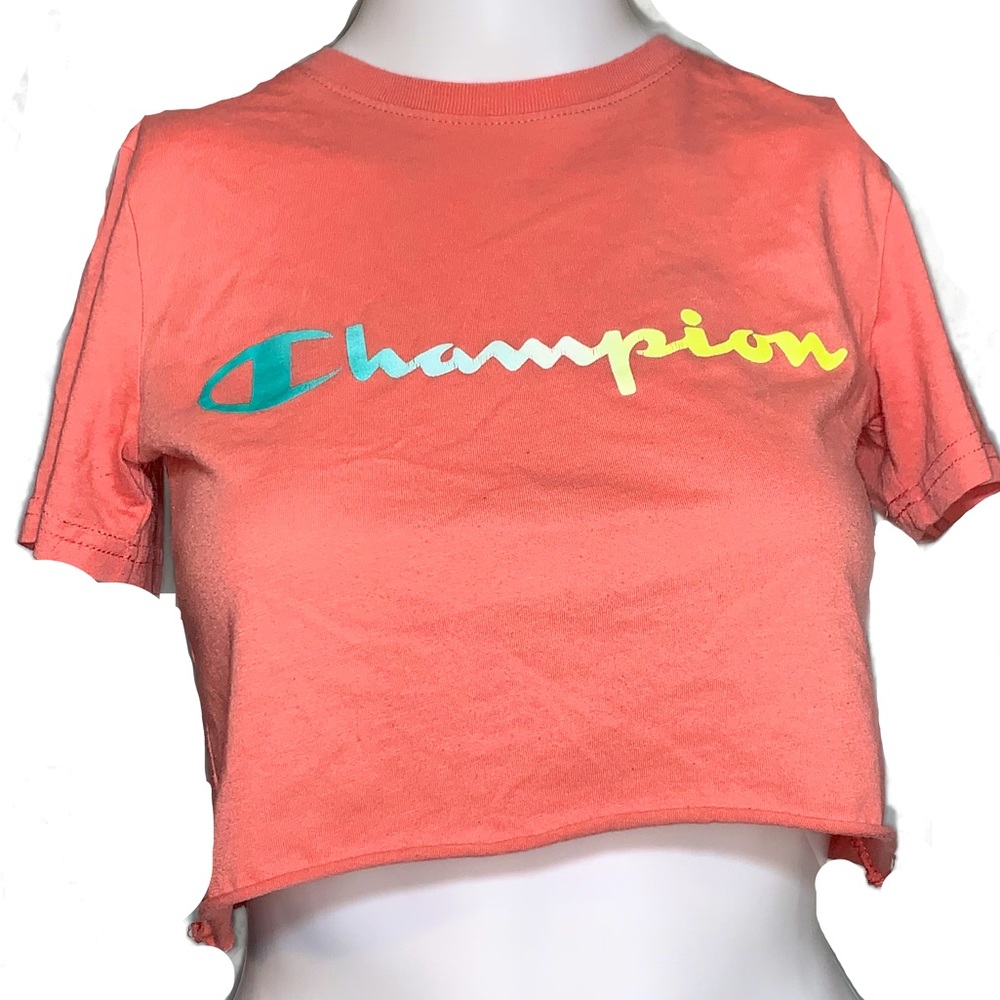 Champion Athletic Crop Top Salmon Pink Raw Edge Short Sleeve